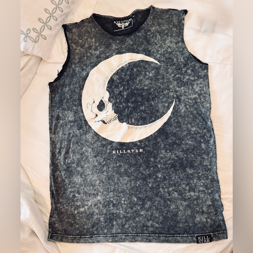 KILLSTAR Black Grey Tank Top w Skull Crescent Moon Sleeveless Tee —9QN9PQ